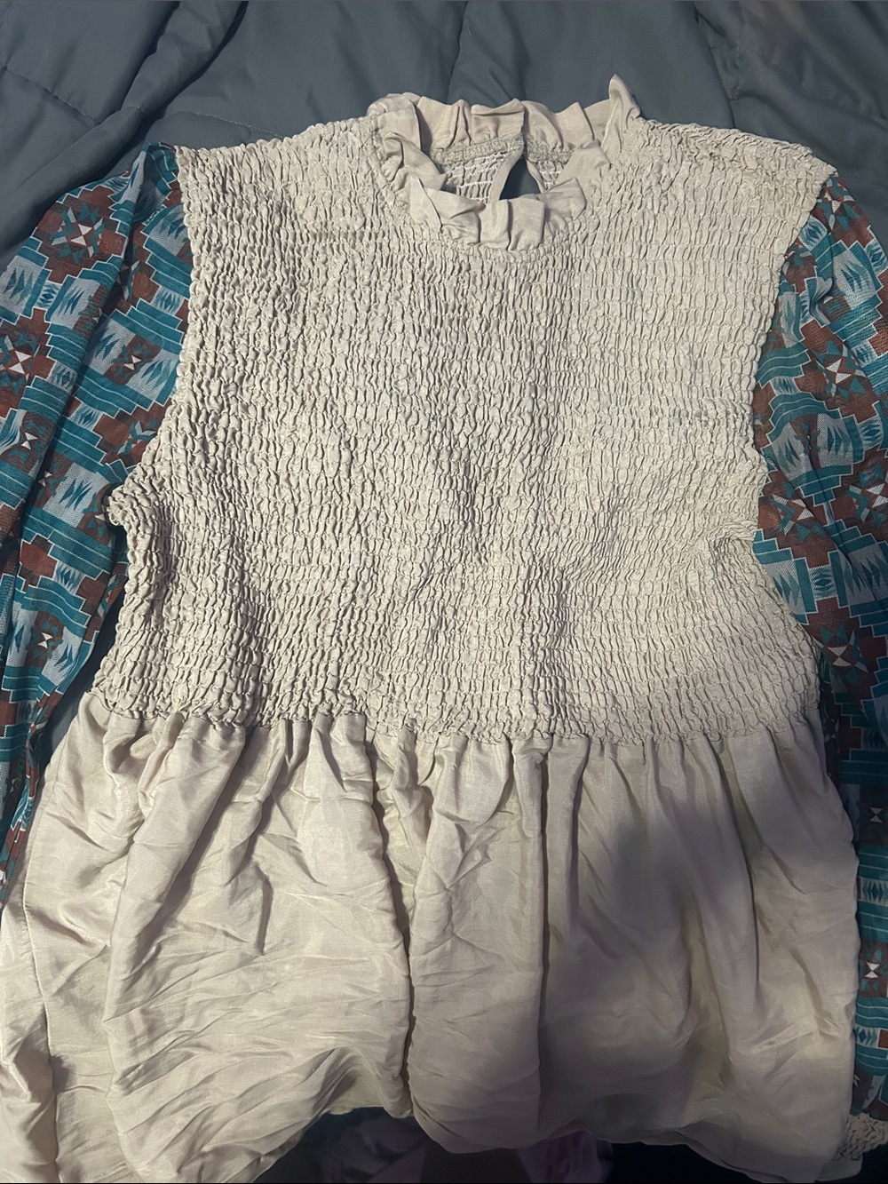 Cream Smocked Cowl-Neck Sweater with Patterned Teal Sleeves